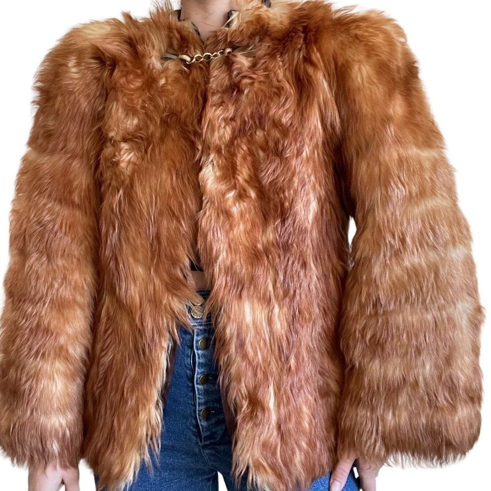 Vintage 1960s Womens Genuine Fox Fur Retro Hippie Fluffy Coat Jacket Sz M